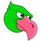 A fierce bird head with green feathers and a red beak, doodle icon drawing