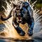 Fierce black panther sprinting through water