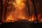 The fierce close-up shot of a forest engulfed in flames vividly illustrates the ferocity of a wildfire, showcasing the