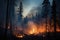 The fierce close-up shot of a forest engulfed in flames vividly illustrates the ferocity of a wildfire, showcasing the