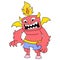 The fierce faced red skinned monster spit fire on its head, doodle icon image kawaii