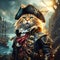 Fierce pirate cat wearing tricorn hat in a mysterial landscape. Amazing digital illustration. CG Artwork Background