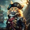 Fierce pirate cat wearing tricorn hat in a mysterial landscape. Amazing digital illustration. CG Artwork Background