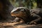 A fierce and powerful Komodo Dragon basking in the sun, showing off its fierce and powerful nature. Generative AI