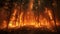 A fierce wildfire rages through a dense forest, engulfing trees in bright orange flames.