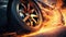Fiery Acceleration: Rear Wheel of Sports Car Emitting Flames on Start. Generative ai