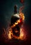 Fiery bottle of strong alcohol with the face of the devil. AI generated