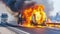 Fiery chaos engulfs the road, as a tanker truck erupts in flames.