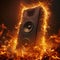 Fiery concert speaker exudes energy and intensity amidst vibrant flames