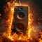 Fiery concert speaker exudes energy and intensity amidst vibrant flames