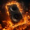 Fiery concert speaker exudes energy and intensity amidst vibrant flames