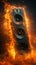 Fiery concert speaker exudes energy and intensity amidst vibrant flames