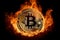 The fiery embrace of open flames engulfs the Bitcoin gold coin