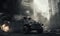 Fiery explosion engulfs a military vehicle amidst a dark. AI generative
