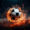 Fiery flames soccer football on fire dark background