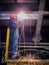 Fiery fountain of sparkling metal during welding