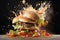 Fiery Hamburger explosion. Grilled meal bun