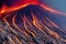 Fiery lava texture flowing down from mountain burning volcano