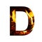 Fiery letter D from white paper on a background of fire in a fireplace or stove, decorative alphabet
