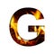 Fiery letter G from white paper on a background of fire in a fireplace or stove, decorative alphabet