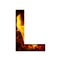 Fiery letter L from white paper on a background of fire in a fireplace or stove, decorative alphabet