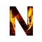 Fiery letter N from white paper on a background of fire in a fireplace or stove, decorative alphabet