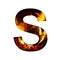 Fiery letter S from white paper on a background of fire in a fireplace or stove, decorative alphabet