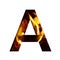 Fiery letter A from white paper on a background of fire in a fireplace or stove, decorative alphabet