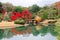 A fiery maple tree reflected in the water of a lake and a wooden bridge spanning over the pond in  Rikugi-en Park