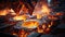 Fiery molten metal pouring from a large ladle in an industrial foundry