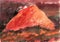 Fiery mountain, hot volcano, dark sky. Watercolor painting.