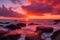 A fiery orange and pink sky with the sun setting over the horizon of a vast ocean generated by Ai