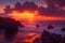 A fiery orange and pink sky with the sun setting over the horizon of a vast ocean generated by Ai