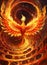 A fiery phoenix bird with wings out stretched rising from a spiral surface. Lifeforce sparks