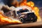 fiery race truck speeds past flames and smoke in fiery rally