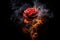 A fiery rose with spark flakes on a dramatic black background. The expressive and symbolic design captures the warmth and emotion