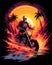Fiery Skeleton Riding Motorbike at Sunset T-Shirt Design black background