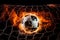 Fiery soccer ball in net. Generate ai