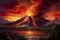 fiery spectacle of a volcanic eruption, expertly hand-drawn in vivid red, capturing intensity of molten magma.