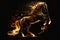 Fiery stallion rearing up against black background