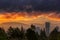 Fiery sunrise over City of Portland and Mt Hood in Oregon