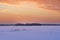 Fiery sunrise over lake Uvildy in winter, southern Ural, Chelyabinsk region