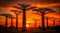 Fiery sunset ignites the sky behind majestic baobab silhouettes