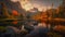 Fiery Sunset Over Tranquil Lake: Golden Hour Reflections Amidst Majestic Mountains - Generative AI