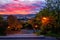 Fiery sunset view of Prague from Vitkov hill, Zizkov district, Czech Republic