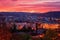 Fiery sunset view of Prague from Vitkov hill, Zizkov district, Czech Republic