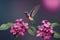 Fiery throated hummingbird flying next to a blooming pink flower, generative AI