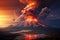 Fiery Tolbachik volcano eruption in Kamchatka, Russia, under a sunset