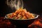 fiery wok with dramatic flames and smoke