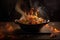 fiery wok with dramatic flames and smoke